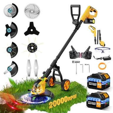 20000 RPM Brushless Electric Weed Wacker Cordless, 12'' Wheeled Weed Eater Battery Powered Brush Cutter, 4-in-1 Grass Trimmer Stringless Weed Trimmer Lawn Mower Edger W/Wheel Metal Blade Battery