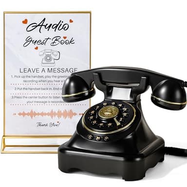 FiayaCom Audio Guest Book Wedding Phone with One-Touch Playback & Adjustable Volume for Wedding, Anniversary, Birthday Parties, Tattle Phone for Classroom (Large Black+Sign)