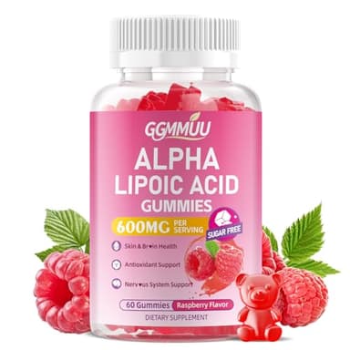 GGMMUU Alpha Lipoic Acid Gummies 600mg, High Absorption Chewable ALA Supplement, Raspberry Flavor, Vegan, Sugar Free, 60 Count
