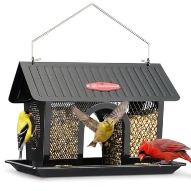 Kingsyard Bird Feeder for Outdoors Hanging, Dual-Use Metal Mesh Wild Bird Feeders with Seed Tray & Weatherproof Roof, 3 lbs Large Capacity, Black