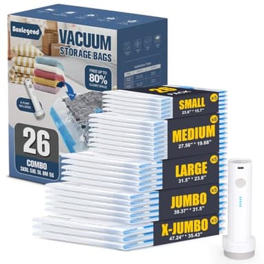 BoxLegend Vacuum Storage Bags with Electric Pump 26 Combo (3X-Jumbo, 5 Jumbo, 5 Large, 8 Medium, 5 Small) Thickened Vacuum Seal Bags for Clothing Space Saving for Coat Quilt Blanket Pillow Comforters