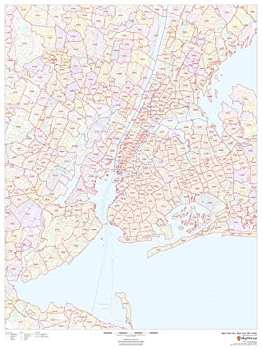 New York City, New York Zip Codes - 36" x 48" Matte Plastic Wall Map
