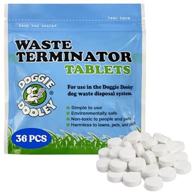 Doggie Dooley Waste Terminator Tablets - 36 Count - Pet Digester Concentrate for In-Ground Disposal Unit - Break Down Solid Waste - Resealable Pouch - Weekly Formula for Large Breeds - White