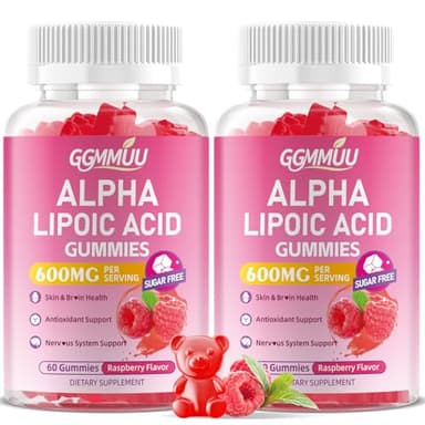 GGMMUU 2 Pack Alpha Lipoic Acid Gummies 600mg, High Absorption Chewable ALA Supplement for Antioxidant Support, Raspberry Flavor, Vegan, Sugar Free, 120 Count