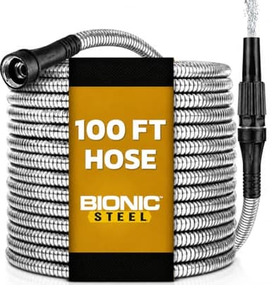BIONIC STEEL 100 Ft Metal Garden Hose with Sprayer Nozzle, Non Kinking Designed Stainless Steel Heavy Duty Water Hose 100 Ft x 5/8 in. Flexible NON Expandable for Uninterrupted Water Flow, 500 PSI