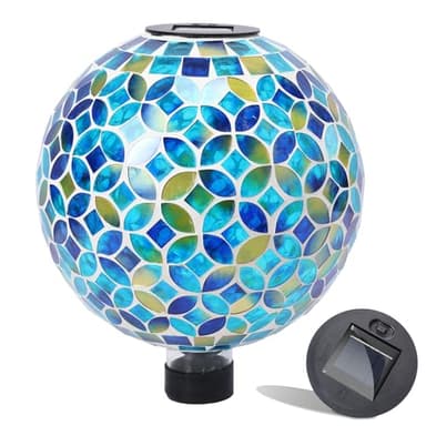 VCUTEKA Solar Gazing Ball, Mosaic Glass Gazing Balls Sphere with Solar Light for Garden Lawn Outdoor Ornament Yard Decorative, 10" Blue