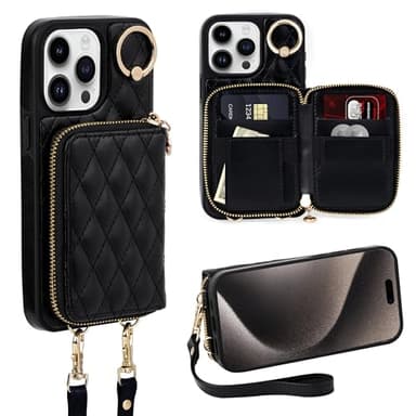 Keallce Case for iPhone 14 Pro Max 6.7'' Wallet Case, Crossbody Zipper Purse Handbag Wristlet for Women, RFID Blocking Card Holders, 360° Ring Kickstand Flip Leather Cover for iPhone 14 Pro Max, Black