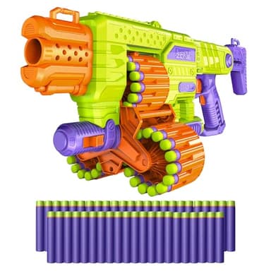 DART ZONE Savage Spin Semi-Auto Foam Dart Blaster – 45-Dart Triple-Drum Motorized Foam Dart Gun – NERF Dart Compatible Soft Bullet Toy Gun for Kids w. 90 Darts – AKA Adventure Force Gun – 80 ft Range