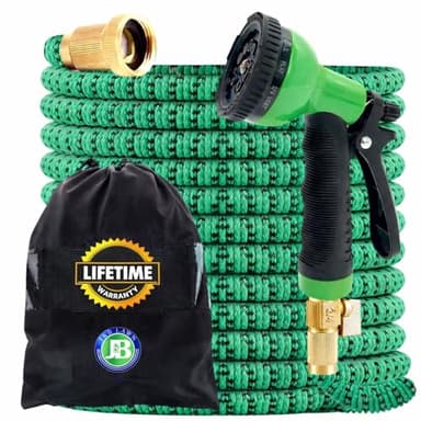 J&B XpandaHose 100ft Expandable Garden Hose – Ultra-Strong 3750D, 4-Layer Latex Core, Brass 3/4" Connectors, 10-Pattern Nozzle & Storage Bag – Lightweight, Kink-Reducing, Leak-Resistant
