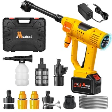 Muzisst Cordless Car Washer, Portable Cleaning Tool with 6-in-1 Nozzle, 10-Speed Adjustment, Battery Level Display, Self-Priming System for Car, Garden, Patio & Floor Cleaning
