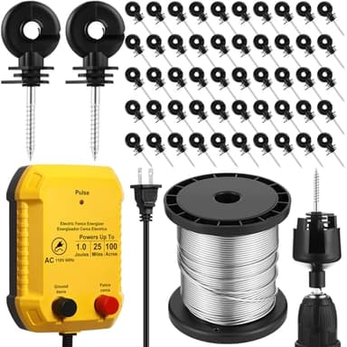 MorningRo Electric Fence for Preventing Animals Intruding 2 Mile 110VAC 1 Joule Electric Plug in Fence, 50 Black Insulator and 1 Socket Tool 250ft Aluminum Wire for Animals and Keep Out Predators