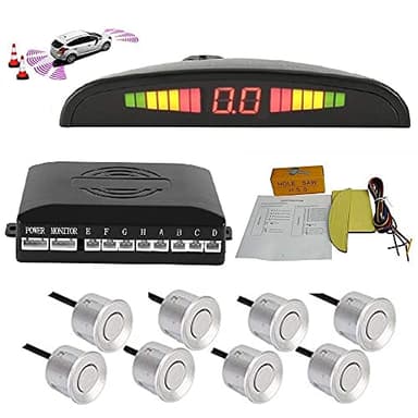 TOTMOX Car Reverse Parking Radar System 8 Reversing Sensors Kit with Front and Rear Alarm Buzzer Reminder LED Display Safe Driving, Car Parking Sensor, Silver