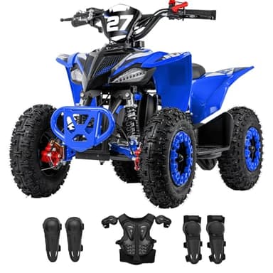 Gas 4 Wheeler Gas Powered 49cc Kids ATV with Kill Switch, Tether Lanyard Hydraulic Brakes Gear 15 MPH, Blue