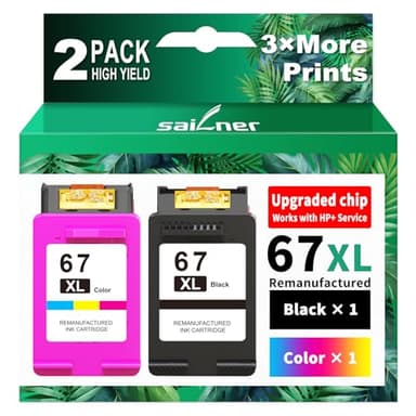 SAILNER 67XL Ink Cartridges Black/Color Combo Pack Replacement for HP Ink 67 HP67XL (2-Pack High Yield) Compatible with HP DeskJet 2755e 2855e 2700e 4155e 2734e 2827e 4100e Envy 6055 6455e Printer