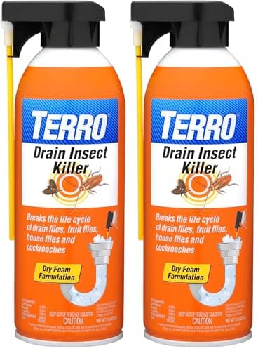 TERRO Drain Insect Killer - T590 Drain Fly Killer Spray - Foam Treatment for Fruit Flies, House Flies, and Cockroaches (Pack of 2)