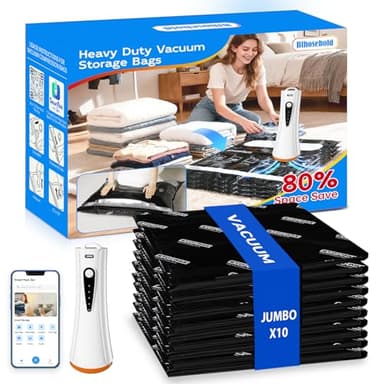 Jumbo Vacuum Storage Bags with Electric Pump, 10 Pack Vacuum Seal Bags for Clothing, Bedding, Pillow, Comforters, Blankets, Compression Bags Includes Portable Fast Pump for Home Organization Storage