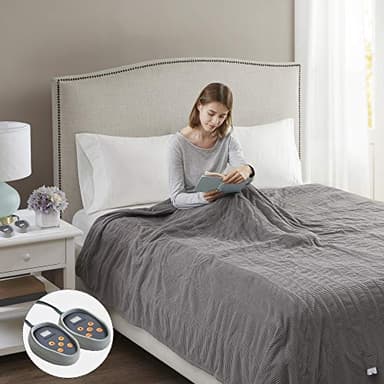 Beautyrest Electric Blanket Luxurious Micro Fleece Ultra Soft Ribbed Textured, Cozy and Snuggly Cover for Cold Weather, Fast Heating, Auto Shut Off, 20 Level Heat Setting Controller, Queen, Grey