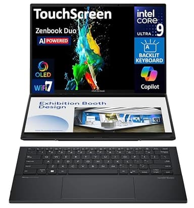 ASUS Zenbook DUO AI Powered 2-in-1 Laptop 14.0" Touchscreen OLED WUXGA Display (Intel Ultra 9-285H, 32GB LPDDR5X, 2TB PCIe SSD, Backlit KB, 2 Thunderbolt 4, WiFi 7, Webcam, Bluetooth 5.4, Win 11 Pro)